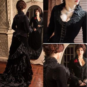 Victoriaanse trouwjurk zwarte drukte fluweel historische middeleeuwse gotische bruidsjurken hoge nek lange mouwen corset cosplay maskerade jurken