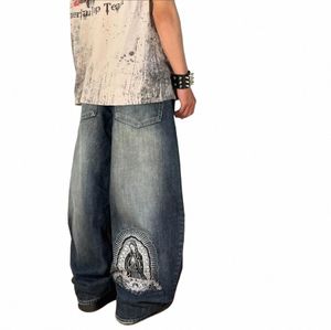 zegevierende Baggy Jeans Retro Hip Hop Godd Patroon Borduren Denim Broek Wo Mannen Jeans Y2K Hoge Taille Wijde Pijpen broek Y468 #
