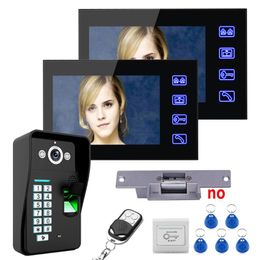 Videodeurtelefoons 7 "TFT 2 monitoren vingerafdrukkenning telefoon intercom systeem kit elektrische slag vergrendeling afstandsbediening ontgrendeling