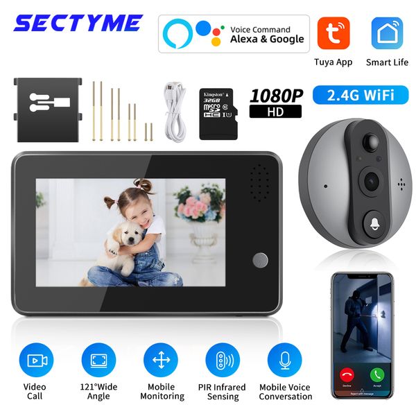 Téléphones vidéo Sectyme 4 3 pouces Tuya 1080P WiFi Smart Sonnette Eye Judas Caméra Audio bidirectionnel Vision nocturne Moniteur extérieur 230830