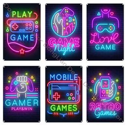 Videogame metal schilderen spelen en win neon decoratieve plaque game console muur sticker moderne ijzeren plaat home decor gamer kamer 20 cmx30cm woo