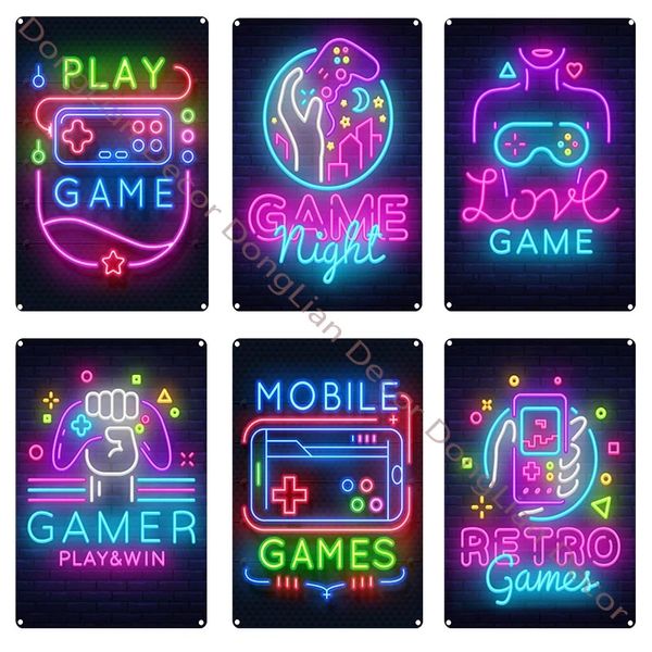 Jeu vidéo Métal Tin Sign Jouer et Gagner Néon Plaque Décorative Console de Jeu Sticker Mural Moderne Plaque de Fer Décor À La Maison Gamer Room 20cmx30cm Woo