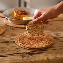 Tapis de table en rotin vietnamien, dessous de verre de couleur naturelle, isolation thermique, antidérapant, avec tapis de Table de cuisine de noël, napperons ronds tissés