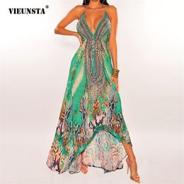 VIEUNSTA Été Bohême Rétro Sans Manches Col En V Sexy Style National Backles Jupe Longue Impression Sling Robe Swing Irrégulière 220629