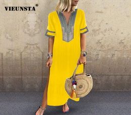 VieUnsta dames vintage printjurk 2019 sexy vneck short mouw split maxi jurk plus size casual zomer strand lange jurk femme t1952385