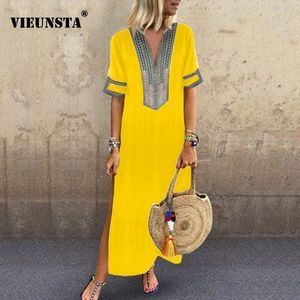 VIEUNSTA Vrouwen Vintage Print Jurk 2019 Sexy V-hals Korte Mouw Split Maxi Jurk Plus Size Casual Zomer Strand Lange Jurk femme T190608