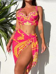 Vigobreviya Sexy print 3 -delige hoge taille rok Bikini set zwemkleding vrouwen 2024 vastgebonden push -up zwempak zomer badpak 240411