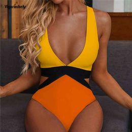 Vigorashely Sexy Deep V-hals Badmode Dames Vintage Badpak Vrouwelijke Hoge Taille Monokini Badpak Zwemkleding 210702