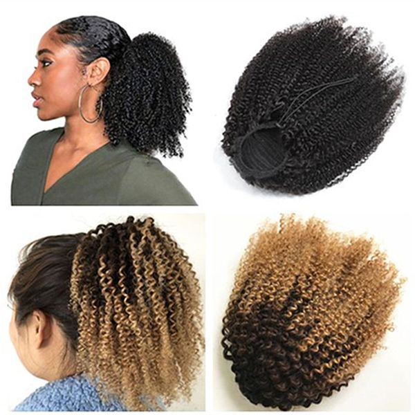 Afro Ponytail Cheveux humains Kinky Curly Drawstring Ponytail Ombre Brown Couleur 1B / 4/27 Extensions de cheveux pour femmes