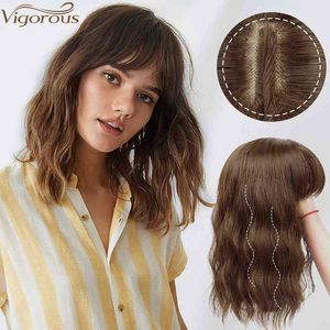 Vigorous Mix Brown Postiches synthétiques avec frange Clip en morceaux de cheveux Cheveux ondulés à l'eau pour femmes Cheveux clairsemés Résistant à la chaleur 220208