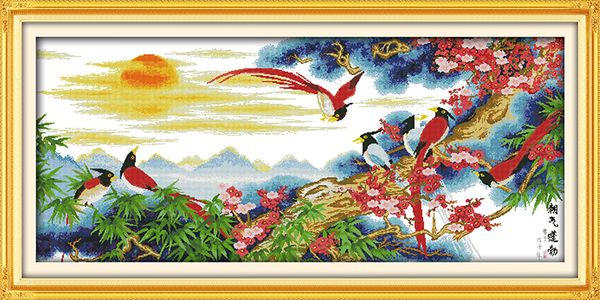 Vigoroso amanecer paisaje pájaros decoración del hogar pintura, punto de cruz hecho a mano herramientas artesanales bordado conjuntos de costura impresión contada en lienzo DMC 14CT / 11CT