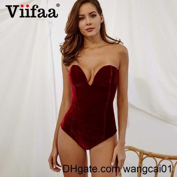 Viifaa Borgoña Strapss Velvet Sexy Bodysuit Mujer Sweetheart Bodycon Backss Lace Up Body 2019 V Neck Party Bodysuits 4103