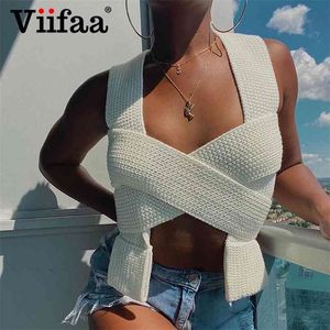 Viifaa Criss Cross auto-cravate tricoté bricolage pull gilet sans manches femmes printemps Streetwear Sexy recadrée gilets 210819