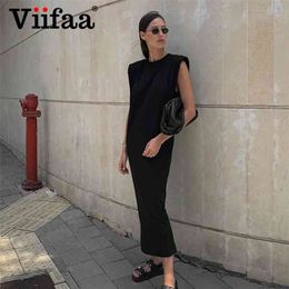 Viifaa Mouwloos Schouder Pad Casual Zwart Elegante Lange Jurk Streetwear Dames Losse Robe Split Back Summer Midi Jurken 210623