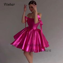 Viisher rose brillant satin robes de bal courtes avec arc sans bretelles une ligne gonflée robe de soirée sexy mini robes de cocktail 240320