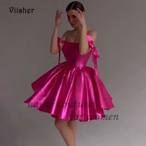 Viisher Vestidos de fiesta cortos de satén brillante rosa con lazo sin tirantes Una línea Vestido de fiesta de noche hinchado Mini vestidos de cóctel atractivos 240320