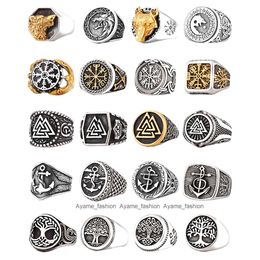Vikingo celta runa hacha brújula árbol de la vida calavera Lobo cabeza Odin amuleto vikingo anillo venta al por mayor anillos para hombres joyería de acero inoxidable