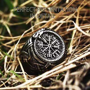 Viking Compass Runic Rings Hombres Vintage Nordic Totem Odin Hombres Anillos 3D Joyería de moda mejorada