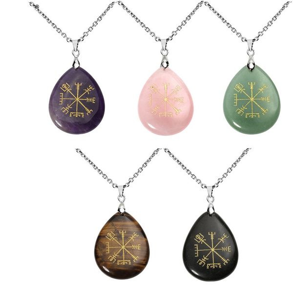 Symbole Viking Rune Vegvisir Boussole Talisman Chakra Reiki Guérison Cristal Larme Tumbled Pierre Pendentif Collier Bijoux