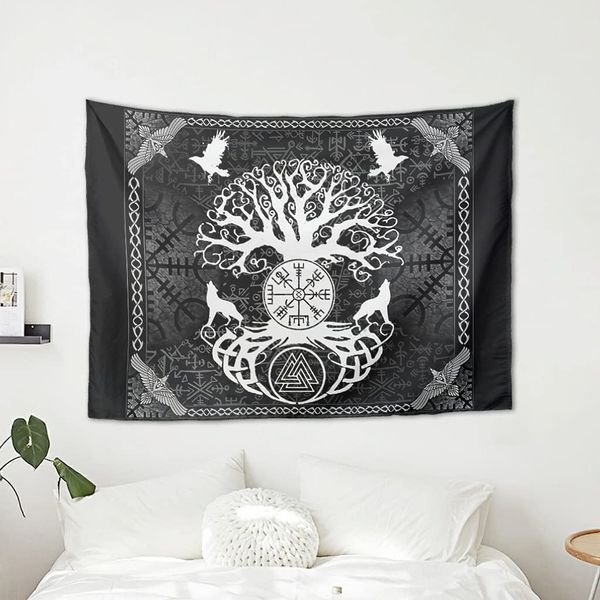 Viking Tree of Life Odin Raven Wolf Imprimé mur suspendu Tapestry Decor Tapestry Colorful Beach Shawls 230x150cm