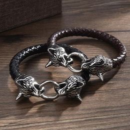 Viking Wolf Head Rope Chain Double Wolf Head Bite Ring Armband voor mannen Viking Amulet Armband Sieraden Cadeau