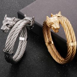 Viking tête de loup câble torsadé manchette ouverte Bracelet pour hommes 14k or jaune hommes Bracelets Punk Rock bijoux accessoires