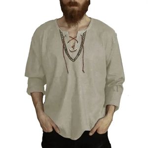 Vikings Shirt Katoen Linnen Vlas Tops Lace Up Lange Mouwen Blouse Heren V-hals Middeleeuws Kostuum Borduren Tuniek Casual 240219