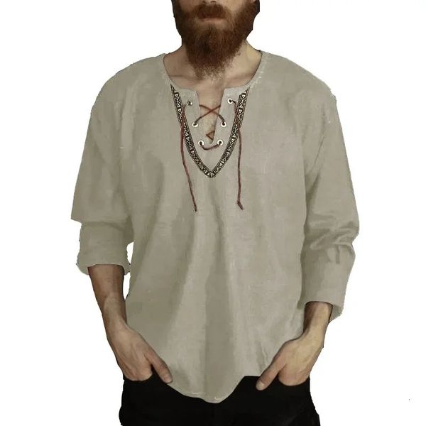 Chemise de vikings en lin en lin en lin lin à lacets à manches longues Blouse Mens V coude costume médiéval broderie tunique chemise décontractée 240418