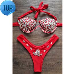 VIKINII Halter Maillots De Bain Diamant Argent Bikinis Femmes Maillot De Bain Sexy Cristal Push Up Maillots de bain T200115Fk