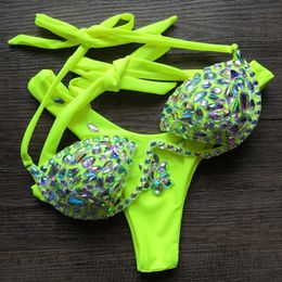 VIKINII Strass Neon Groene Bikini Vrouwen Diamant Push Up Badpakken Sexy Halter Crystal Badmode Vrouwen Badpakken 240110