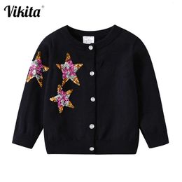 Vikita Autumn Knited Cardigan Girls Sweaters de Navidad Kids Star Sequins Ropa de ropa de salida brillante para niños L2405