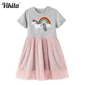 VIKITA Filles Robe de dessin animé Tout-petits Princesse Été Robes à manches courtes Enfants Patchwork Robes Enfants Licorne Vêtements LJ200923