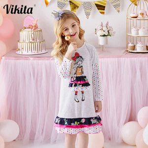 VIKITA Girls Dress Automne Printemps Fille Princesse Robes décontractées Enfants Robe en coton pour filles à manches longues Vêtements pour enfants Q0716