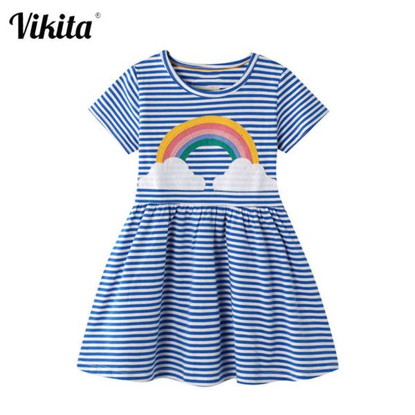 VIKITA Girls Princess Dress Rainbow Rayas Niños Vestidos de verano Baby Girl Ropa de algodón Niños Manga corta Vestidos casuales Q0716