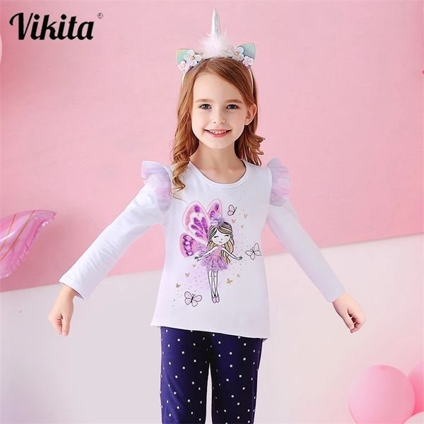 VIKITA Enfants T-shirt pour Fille Enfants Automne Printemps Coton Vêtements Tout-petits À Manches Longues Dessin Animé Paillettes T-Shirt Casual Tops Tees 220216