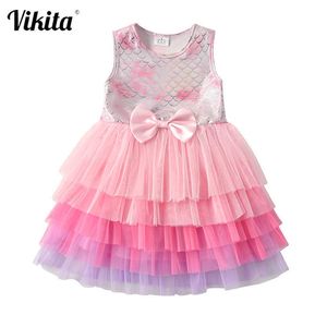 VIKITA dentelle robe en couches pour filles tout-petits princesse fête robes de bal enfants Tutu robe enfants sans manches vêtements d'été Q0716