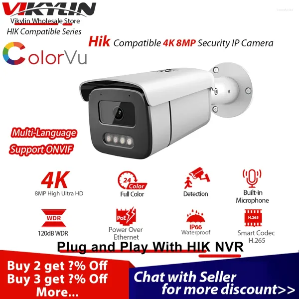 Vikylin 4K 8MP caméra IP de sécurité pour Webcam Compatible Hik extérieur ColorVu POE Kamer externe IR Plug Play avec NVR