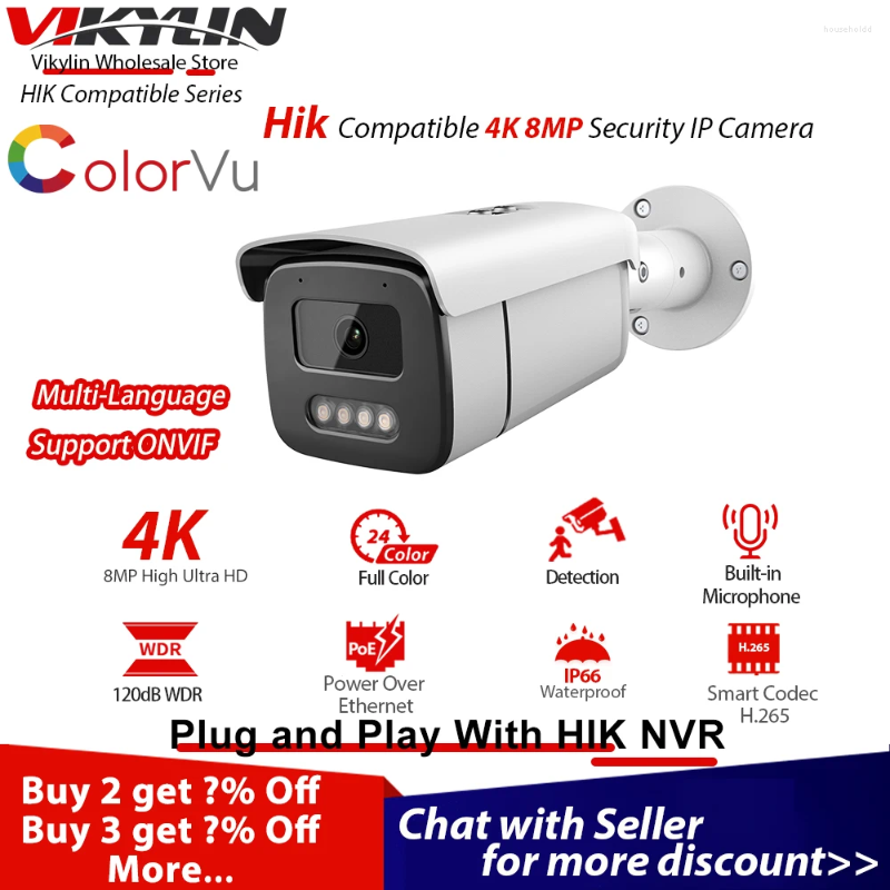 Vikylin 4K 8MP Beveiliging IP Camera Voor Hik Compatibel Webcam Outdoor ColorVu POE Kamer Externa IR Plug Play met NVR