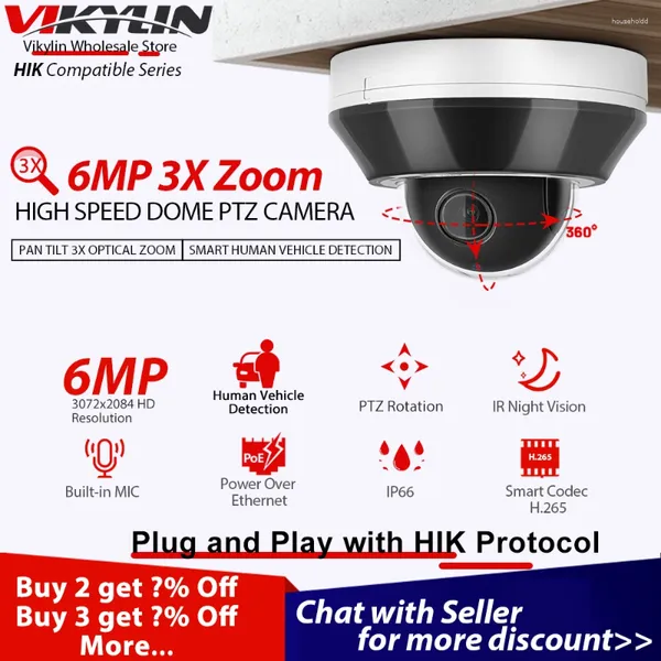 Vikylin 6MP PTZ cámara IP de seguridad para Hikvision Compatible POE 2,8-8mm 3X Zoom óptico H.265 IP66 cámara de vigilancia micrófono incorporado