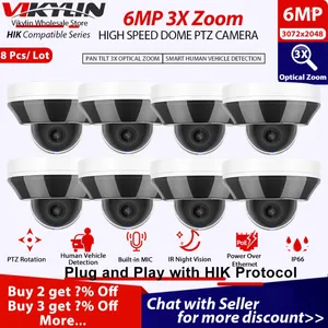 Vikylin PTZ 6MP Poe Security Camera 3X Zoom optique pour protocole Hikvision Détection de véhicule humain CAM Mic intégrée 8pcs / lot