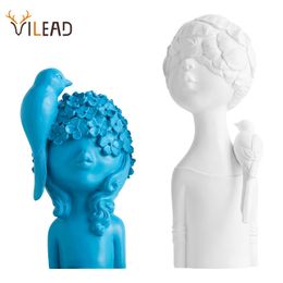 VILEAD 27cm 33cm Résine Oiseau Fleur Fille Figurines Nordique Personnage Créatif Statue Ornement Abstrait Pendaison De Crémaillère Cadeau Décor 201201