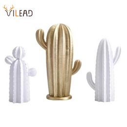 VILEAD Plus Taille Résine Cactus Figurines Nordic Simple Style Blanc Or Accessoires pour la maison Salon Creative Décoration Ornement 210804