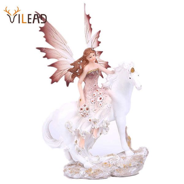 Vilead Resin Unicorn Horn Fairy Angel Figurines Belle fille Flower Fairy Statue Home Decor Creative Gift Fairy Garden Enfants 210607