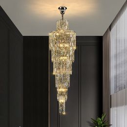 Villa living room crystal chandelier light luxury lighting duplex floor to floor rotating staircase long chandelier decoration