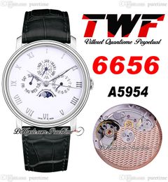Villeret Quantieme Perpetuel 6656 A5954 Automatische heren Watch TWF Steel Case White Dial Silver Romeinse Markers Zwart Leather Riem Super Edition Puretime C3