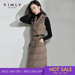 Vimly Otoño Invierno mujeres Plaid Stripe vestido de lana elegante estilo OL sin mangas doble botonadura solapa vestido femenino 99305 201008