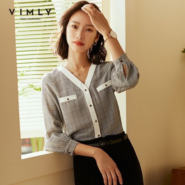 Vimly automne femmes Blouse Elegant V Neck Lantern Lantern Plaid Plaid Single Poit