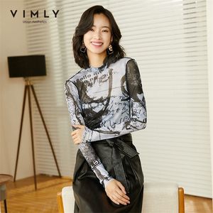Vimly mode dames t -shirts herfst creativiteit print ontwerp met lange mouwen slanke casual tops vrouwelijke pullovers 210317