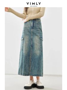 Vimly vintage hoge taille katoen casual Jean maxi rok vrouw lente mode rechte split denim lange rok vrouwelijk 72613 240513