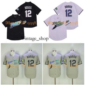 VIN 1999 Tampa Bay Devil Jersey # 12 Wade Boggs Bogg Vintage Baseball Jerseys Pullover Mesh Bp Black White Grey Jersey Top Quality 1
